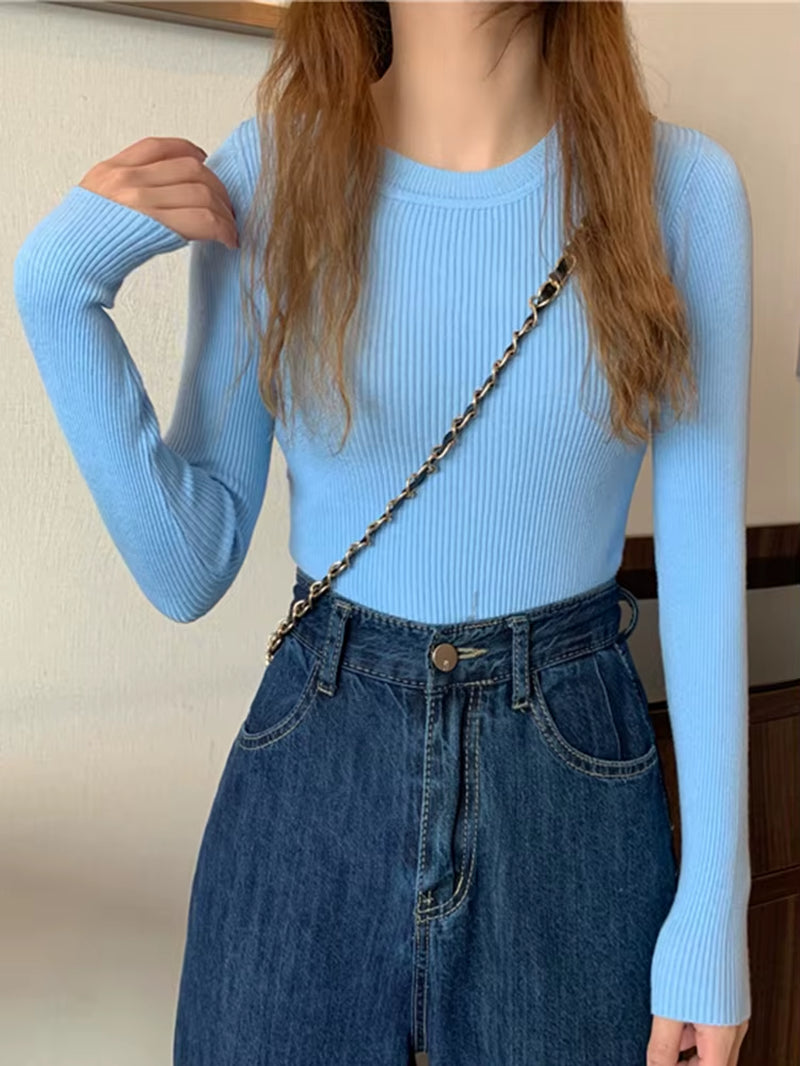 2025 New Women Sweater Autumn Winter Long Sleeve Pullover Basic Top Fashion O-Neck Elastic Female Winter Solid Knitted Jumper