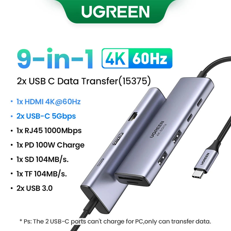 USB C HUB 4K60Hz HDMI 9-In-1 PD100W USB3.0 5Gbps SD TF RJ45 for Laptop Macbook Air Pro Windows Docking Station Splitter