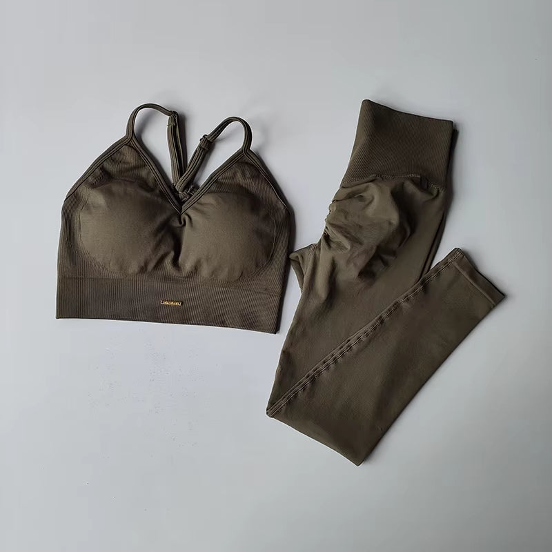 Seamless Hip Lifting Fitness Set Women'S V-Neck Bra Leggings Yoga Set Quick Drying Exercise Iron Massage High Fat Tight Pants