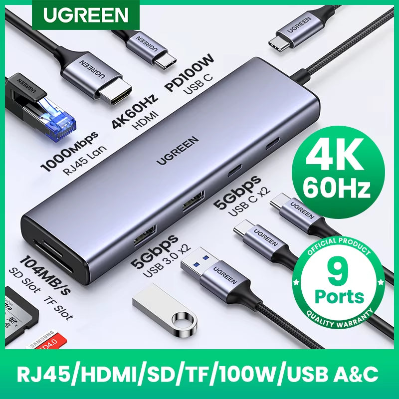 USB C HUB 4K60Hz HDMI 9-In-1 PD100W USB3.0 5Gbps SD TF RJ45 for Laptop Macbook Air Pro Windows Docking Station Splitter