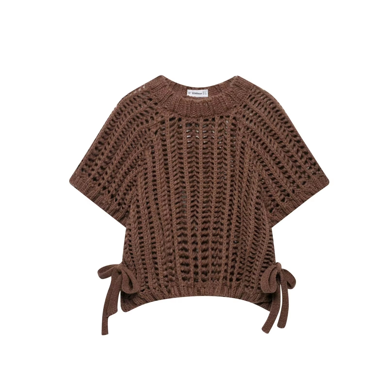 Hollow Out Knit Pullover Women Casual round Neck Lace up Bow Sweater Female Autumn Short Sleeves Solid Knitwears Lady