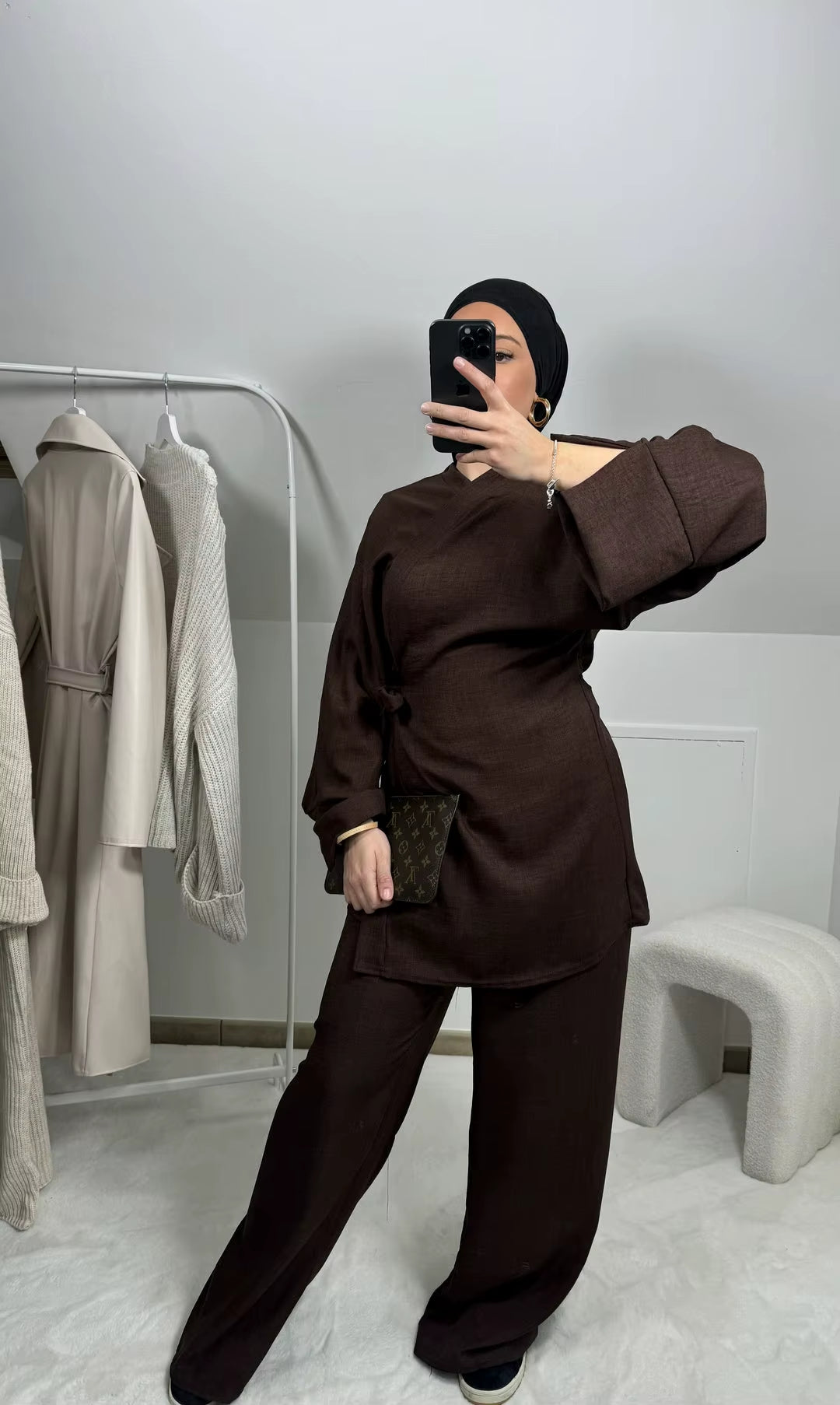 Two Piece Set Women Muslim Blouse Lace up Wide Leg Pants Suit Eid Ramadan Morocco Dubai Islam Ensemble Arabic Modest Outfits