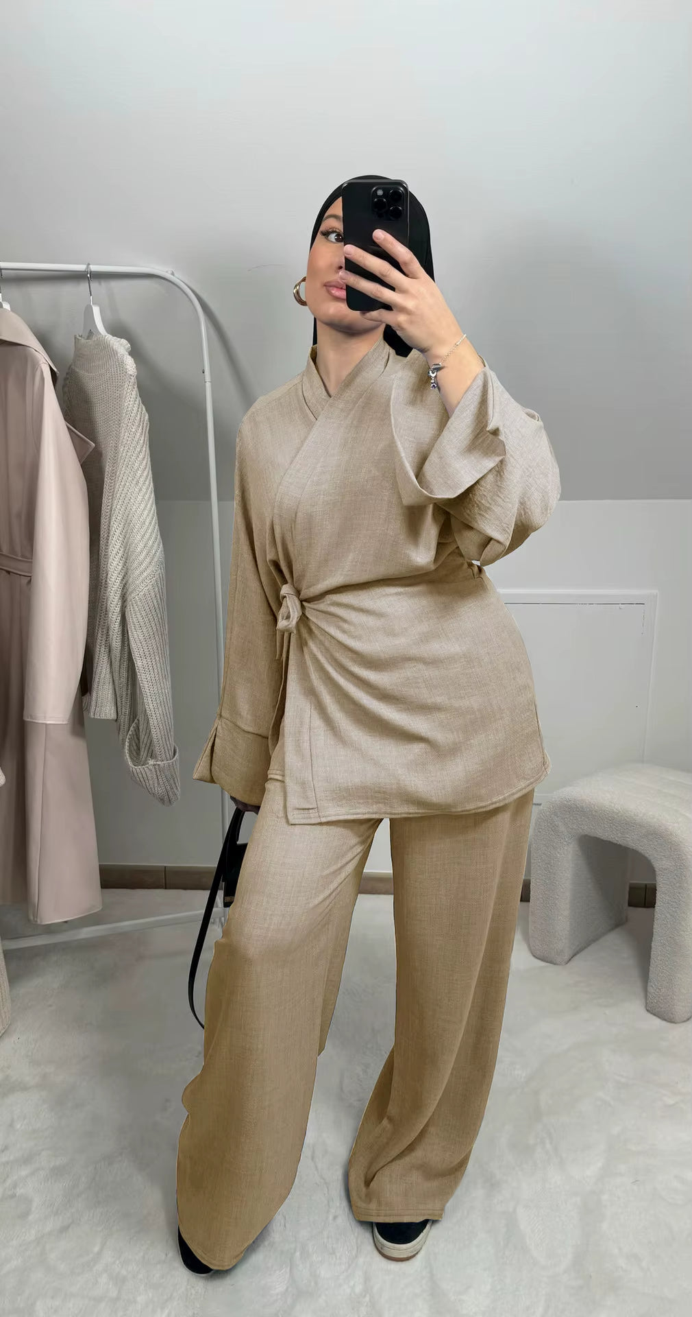 Two Piece Set Women Muslim Blouse Lace up Wide Leg Pants Suit Eid Ramadan Morocco Dubai Islam Ensemble Arabic Modest Outfits