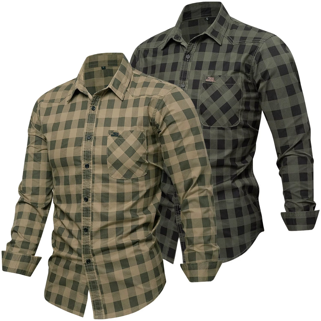 2025 Autumn New Fashion Men'S 100% Cotton Plaid Shirt Tops Casual Button down Long Sleeve Letter Embroidery Shirts with Pocket