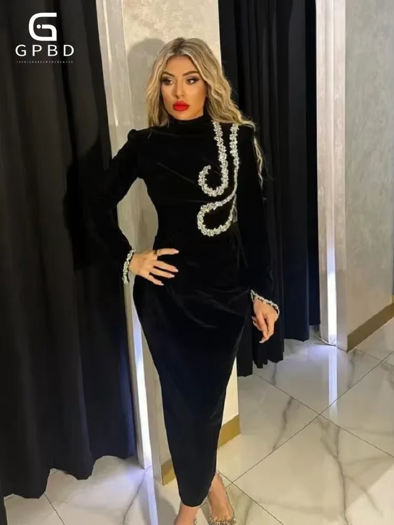 2025 New Black Slim and Slim Beaded Long Sleeve Bandage Dress Long Dress Maxi Dresses for Women