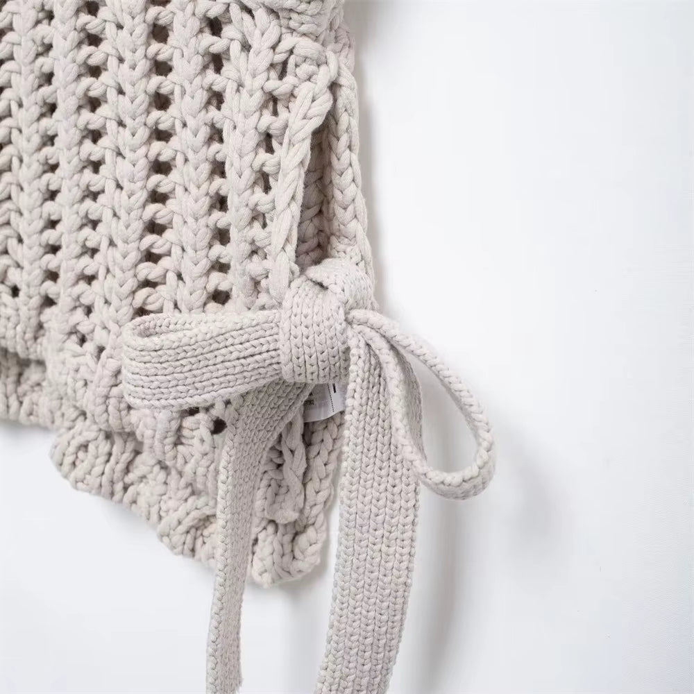 Hollow Out Knit Pullover Women Casual round Neck Lace up Bow Sweater Female Autumn Short Sleeves Solid Knitwears Lady