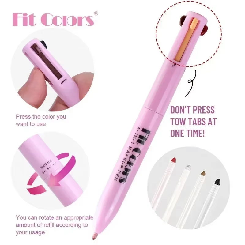 4-In-1 Makeup Pen Eyebrow Pencil, Eyeliner, Lip Liner, Highlighter Eyeshadow Pen Multi-Functional 4-Color Set Counter Makeup Pen